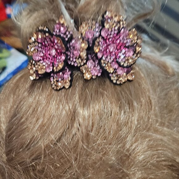 Crystal Flower Ponytail, Bun Claw - Shades of Pink & Gold - 804 Crystals - Picture 3 of 12